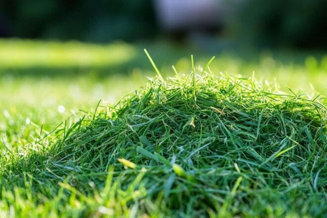 Image d'illustration. Gros plan d une pile d herbe fraîchement coupée sur une pelouse ensoleillée
