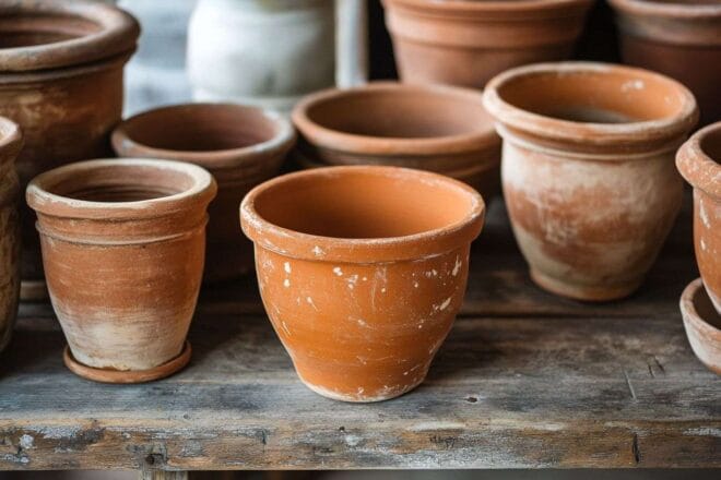 Image d'illustration. Gros plan sur des pots en terre cuite