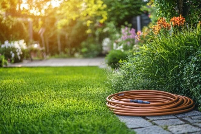 Image d'illustration. Jardin tranquille et tuyau enroulé près de pelouse arrosée