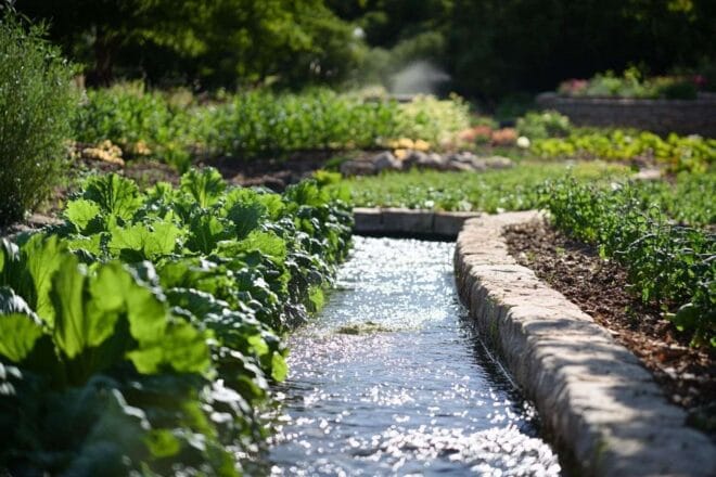 Image d'illustration. Eau d un étang coulant dans un jardin potager vibrant