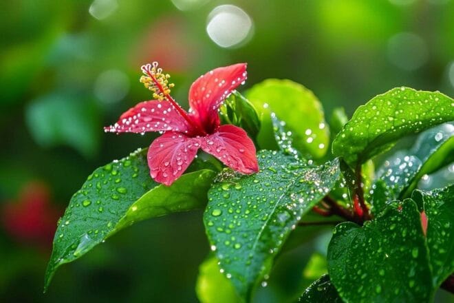 Ce visuel capture la délicatesse des gouttes de rosée scintillantes le matin sur des feuilles d'hibiscus fraîchement écloses.