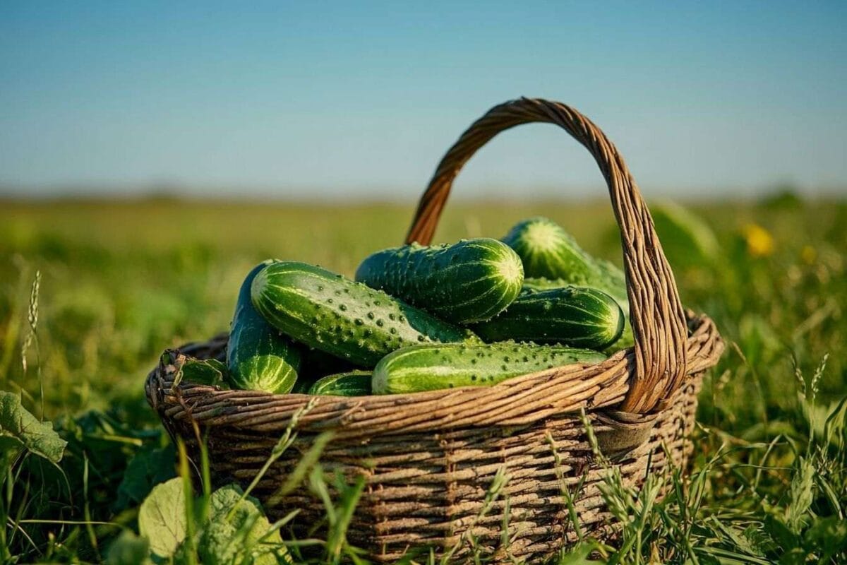 Panier de concombres frais sur herbe