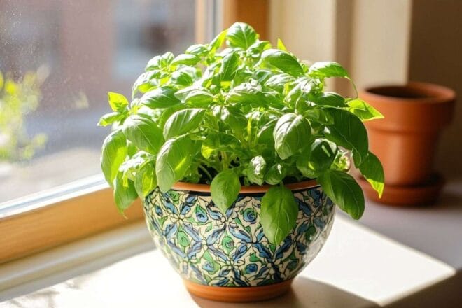 Image d'illustration. Plante de basilic thaï florissante en plein soleil