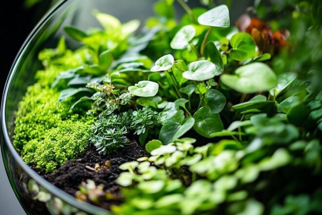 Gros plan d'un terrarium fermé mettant en valeur des plantes vertes vibrantes et des couches délicates de sol.