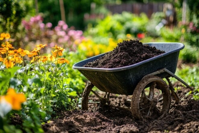 Image illustrant une brouette remplie de compost nutritif reposant près d'un jardin potager éclatant de couleurs.