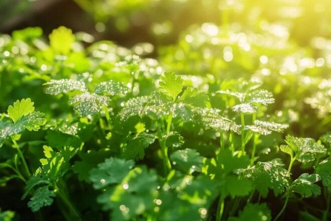 Une scène de plantes de coriandre luxuriantes dans un jardin baigné de soleil, avec leurs feuilles éclatantes étincelant de rosée matinale.