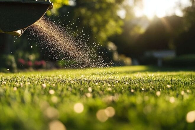 Épandeur de jardin sur pelouse entretenue