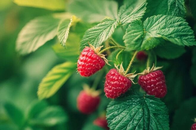 Un framboisier avec des fruits rouges vifs nichés parmi des feuilles vertes luxuriantes par une journée ensoleillée.