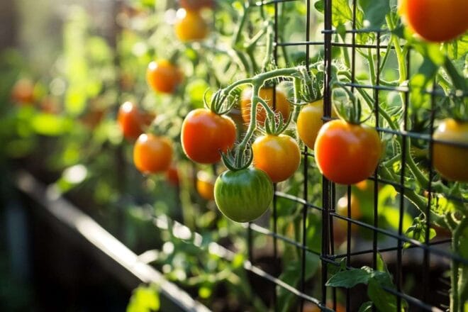 Cette image montre des tomates vibrantes qui poussent dans leurs cages protectrices dans un jardin baigné de soleil.