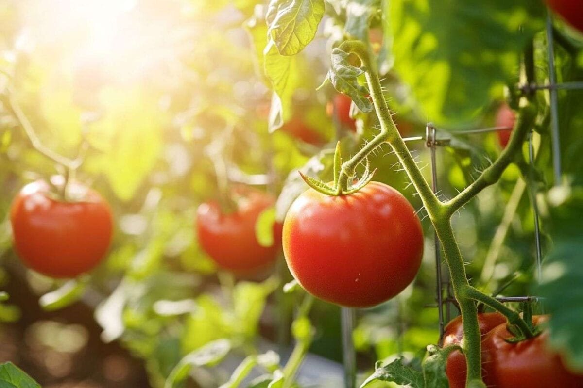 Gros plan de tomates éclatantes dans leur jardin ensoleillé
