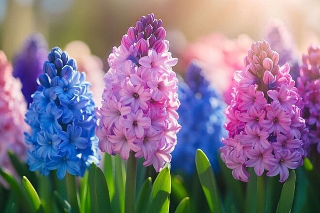 Hyacinthes vibrantes épanouies dans un jardin ensoleillé, présentant des nuances de violet, bleu et rose.