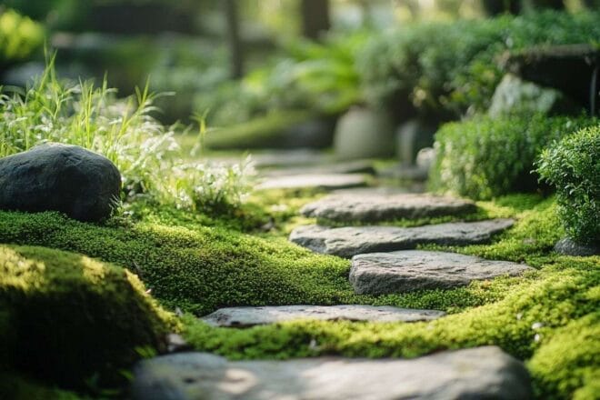 Image captivante d'un jardin calme mettant en avant diverses nuances de mousse et des éléments décoratifs naturels comme les pierres et les plantes.