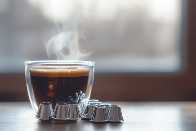 Une pile de capsules de café en aluminium à côté d'une tasse de café fraîchement préparé.