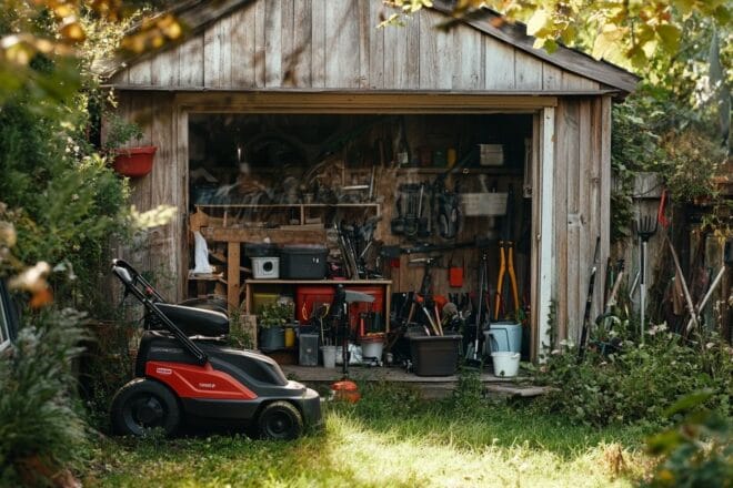 Une tondeuse à gazon électrique branchée, se rechargeant à côté d'un abri rempli d'outils de jardinage.