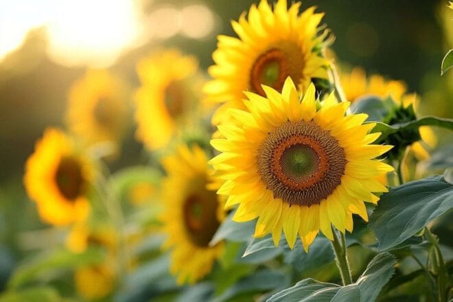 Des tournesols vibrants dansent doucement sous la brise, éclairés par une lumière solaire chaleureuse en plein cœur d'un jardin luxuriant.