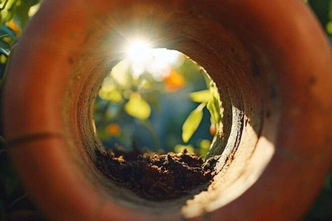 Vue sous un pot de fleur où la lumière du soleil pénètre par le trou de drainage, éclairant le sol intérieur.