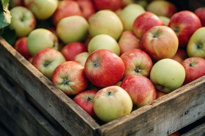 Caisse rustique en bois avec pommes fraîches