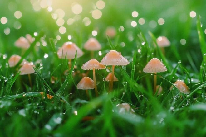 Gros plan de petits champignons sur pelouse verte