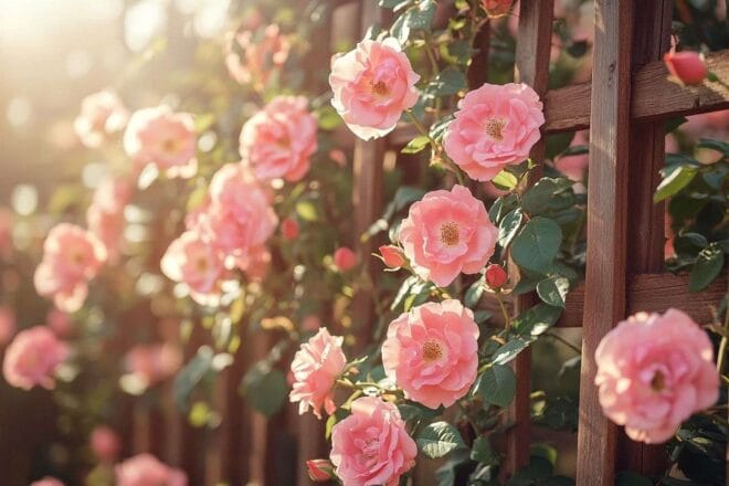 Gros plan de roses grimpantes sur un treillis rustique au jardin ensoleillé
