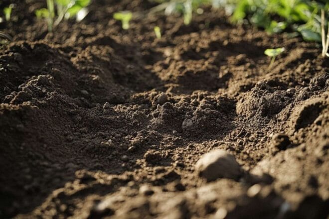 Gros plan de sol argileux riche et texturé