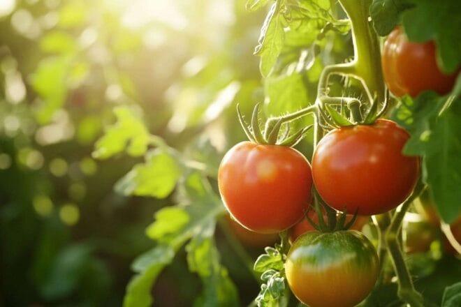 Gros plan de tomates iron lady éclatantes sous le soleil