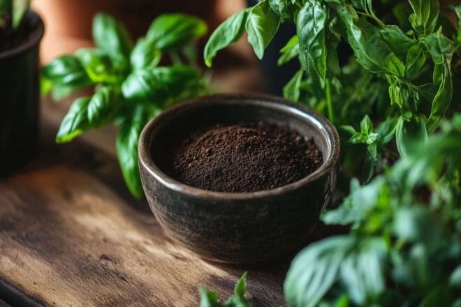 Gros plan des marcs de café dans un conteneur rustique