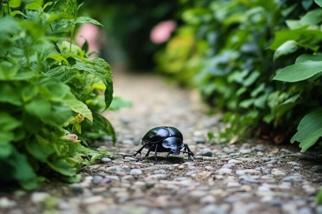 Scarabée sur sentier de jardin entouré de verdure et pierres