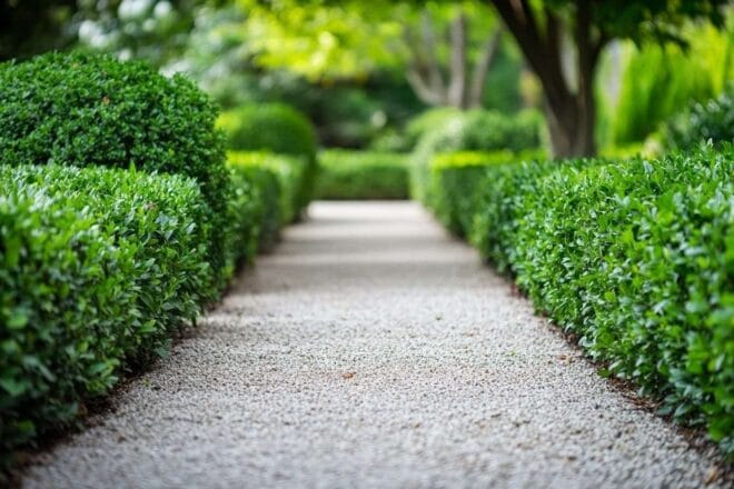 Sentier de jardin serein avec buis