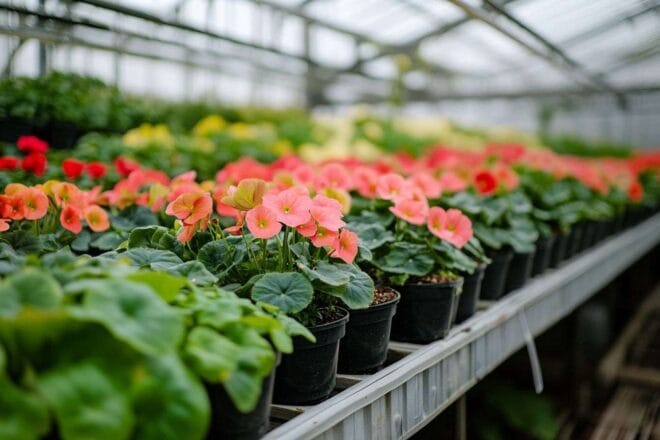 Affiche luxuriante de begonia benariensis dans une serre