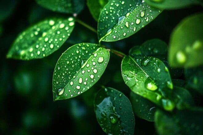 Gouttes de pluie sur feuilles vertes éclatantes
