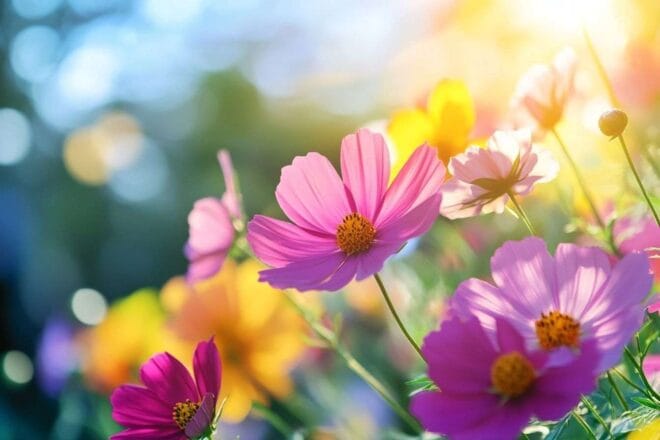 Gros plan de fleurs de cosmos vibrantes
