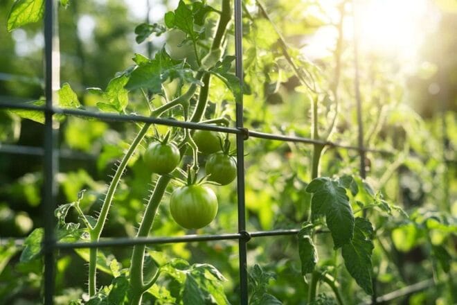 Gros plan de treillis métallique soutenant des plants de tomates sains dans un jardin ensoleillé
