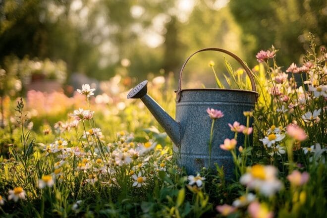 Gros plan d un arrosoir rustique entouré de fleurs sauvages épanouies