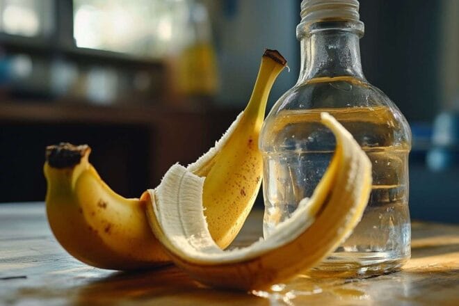 Gros plan d une peau de banane et d une bouteille de vinaigre blanc sur une table en bois