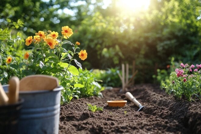 Jardin ensoleillé avec outils et parterres de fleurs