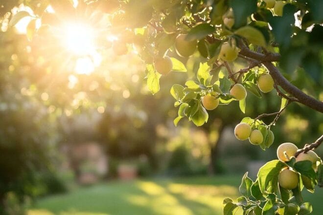 Jardin paisible avec taille d arbre fruitier sous la lumière du soleil