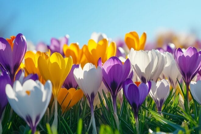 Jardin pittoresque de crocus colorés par beau temps.