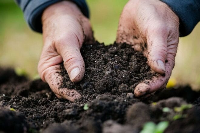 Mains tamisant soigneusement un mélange de sol diy