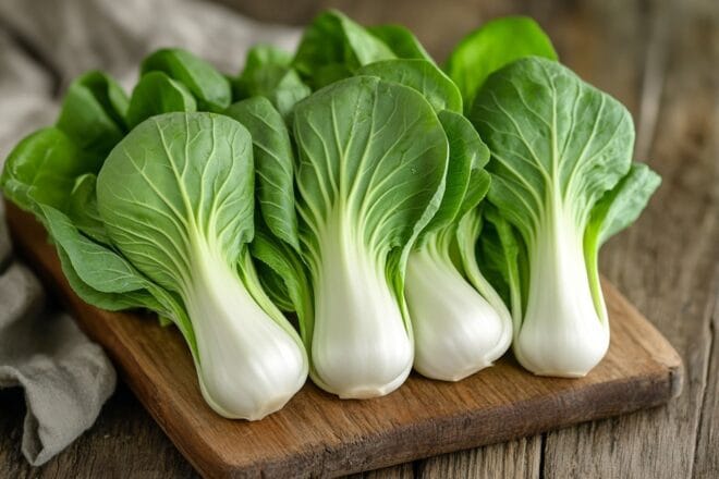 Pak choi frais sur planche à découper en bois