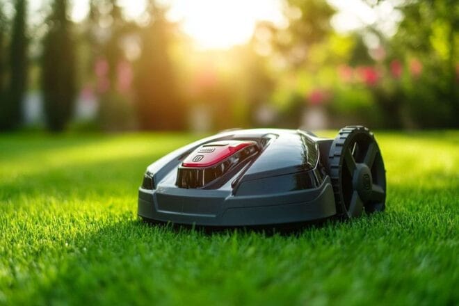 Tondeuse à gazon robotique sur une pelouse parfaitement entretenue