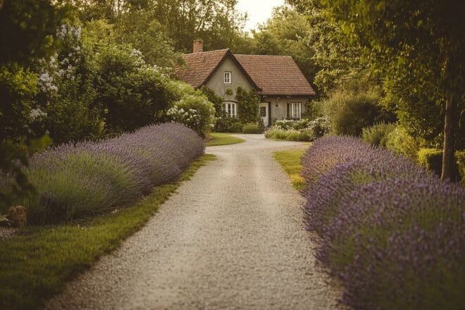 Chemin serein vers ferme rustique