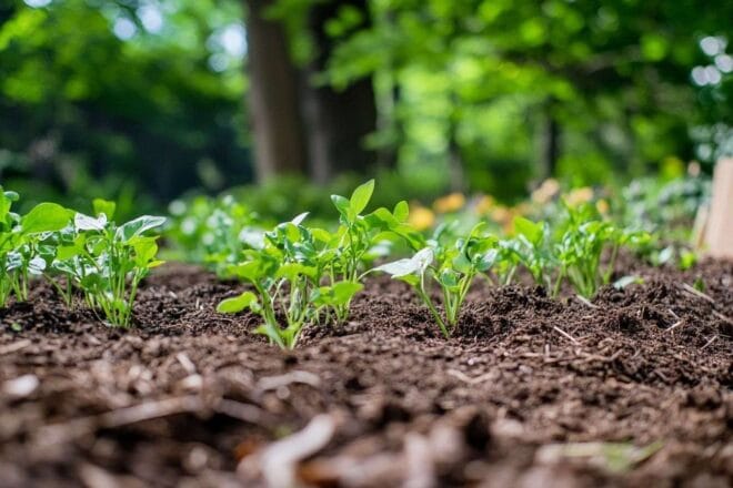 Couches de paillis naturel autour de jeunes plants