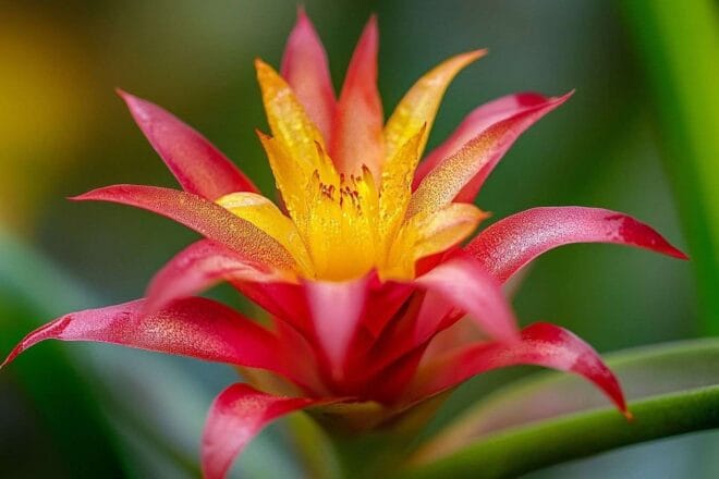 Gros plan de fleur rouge et jaune de guzmania lingulata