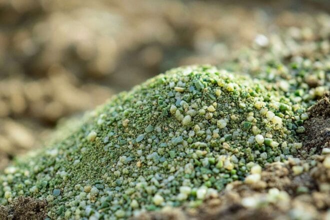 Gros plan de granules de greensand sur sol riche et compact