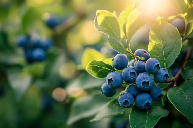 Gros plan de myrtilles mûres parmi des feuilles vertes luxuriantes