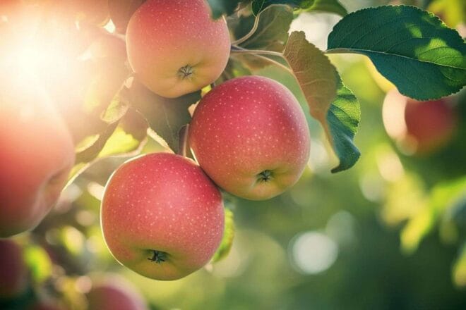 Gros plan de pommes mûres sur une branche ensoleillée
