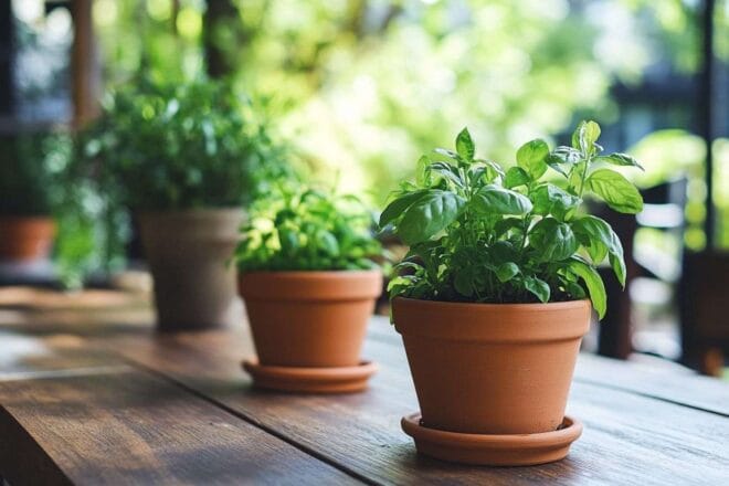 Gros plan de pots en terre cuite avec plantes vertes