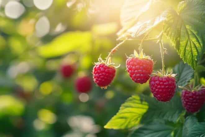 Gros plan d un buisson de framboises