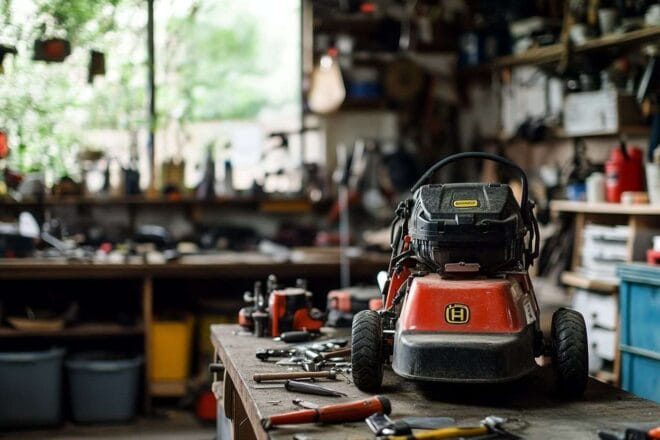 Gros plan d une tondeuse à gazon dans le garage