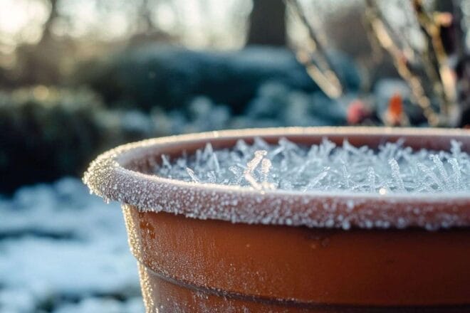 Gros plan sur un pot auto arrosant en hiver